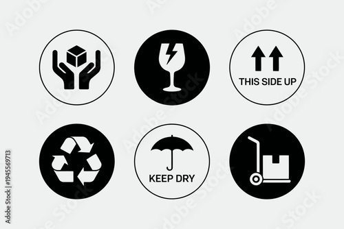 Set of six black and white shipping and handling warning signs and symbols