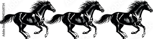running horse silhouette set, wild stallion galloping illustration, black horse motion vector collection, powerful equine animal graphic