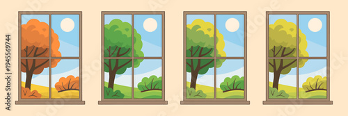 Four windows showing seasonal changes through the year outside  trees and landscape