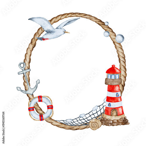 Hand painted nautical watercolor design features a rope frame with a seagull, anchor, life preserver, fishing net, seashell, and Lighthouse illustration against a clean, white Background.