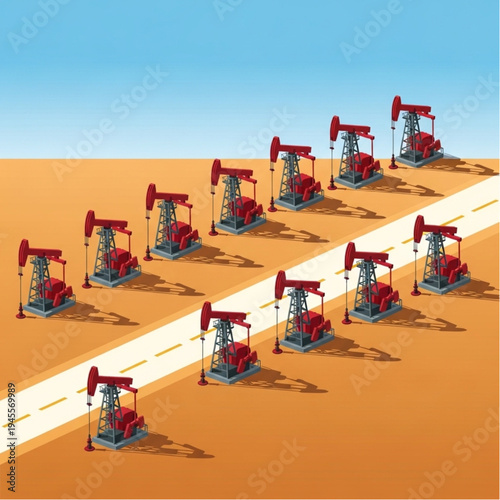 Row of oil pump jacks in a desert landscape with a road leading into the distance.