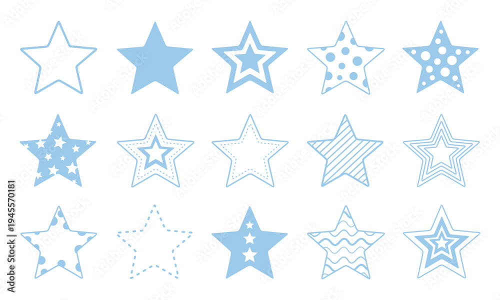 Obraz premium Blue stars set collection. Minimal star doodle hand drawn icons. Outline drawing star clipart symbol. Vector images.