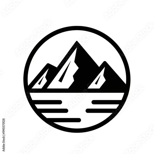 Stylized black and white mountain range reflected in water, enclosed in a circle, representing nature and adventure.