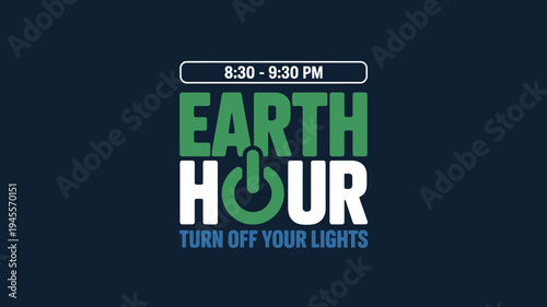 Earth Hour campaign logo with clock and ecofriendly message on dark background