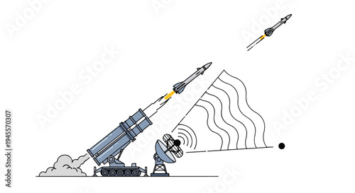 Flat 2D illustration of a missile defense system launching a projectile to intercept another missile in mid-air against a clean white background.
