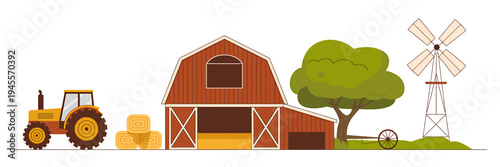 Farm scene with tractor barn hay bales tree and windmill in rural landscape setting