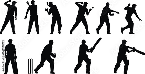Black silhouette of people running and jumping in various dynamic action poses isolated on white background for sports graphic design