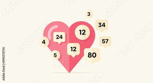 Social Media Likes Heart Icon with Notification Bubbles and Numbers