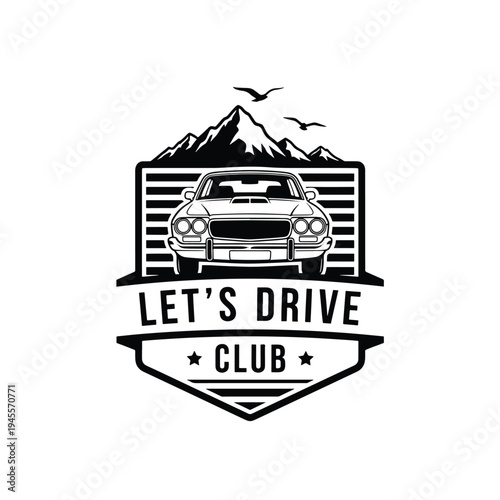 Retro Classic Car Club Driving Adventure Emblem Vector Illustration with Mountain Landscape.