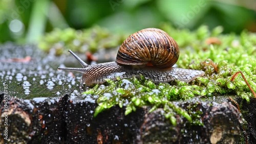 Snail on wet mossy tree trunk.