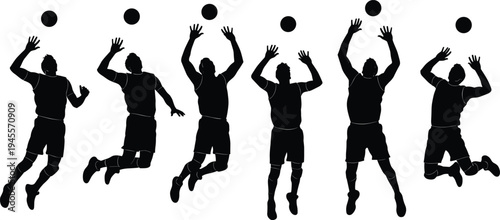 Black silhouette of volleyball players jumping and spiking ball in various dynamic action poses isolated on white background for sports design