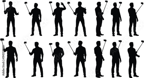 Collection of Male Silhouettes Holding Selfie Sticks Recording Video Vlogging and Taking Photos Isolated on White Background for Social Media Marketing