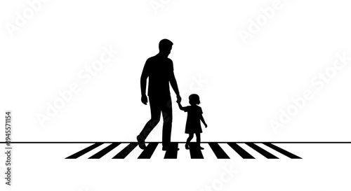Father and Child Crossing Road Together.