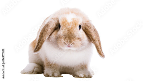 Isolated adorable fluffy light brown and white lop-eared domestic rabbit pet sitting facing camera