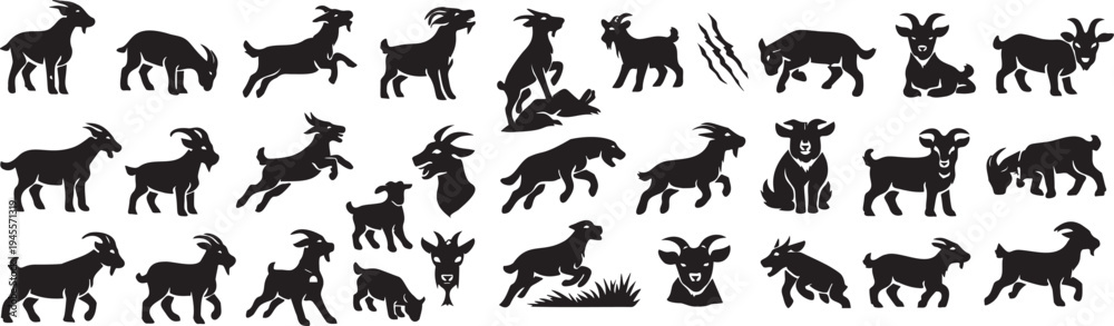 Obraz premium Farm Goat Silhouettes and Livestock Vector Design Elements.