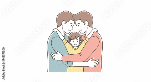 Family of three hugging each other tightly.