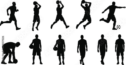 Set of Female Basketball Player Silhouettes Featuring Professional Action Poses Including Jumping Shooting and Dribbling Isolated on White Background Vector