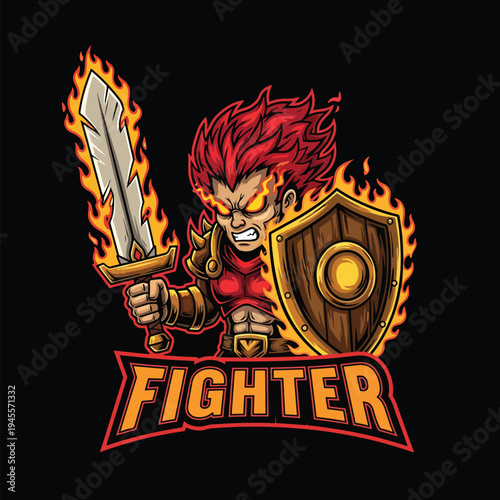 Furious Fiery Warrior Character Holding Flaming Sword and Shield E-sport Mascot Illustration
