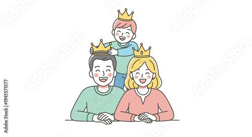 Family of three wearing crowns together smiling.