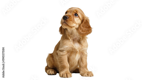 Isolated cute young fluffy fawn colored Cocker Spaniel puppy dog sitting looking up