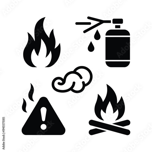 A collection of black icons depicting fire and warning signs