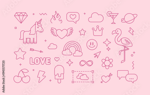 Perfect collection of cute girly icons unicorn, flamingo, ice cream, love heart, princess crown, funny characters, kawaii stickers pack or pattern for kids design, print fabric - editable vector