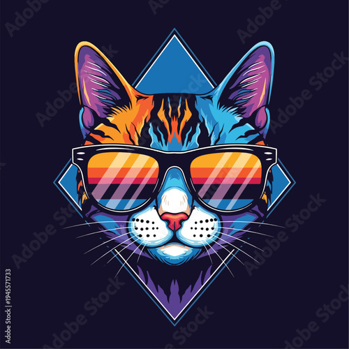 Vibrant Feline Portrait: Stylish Cat Wearing Retro Sunglasses in Pop Art Vector Illustration
