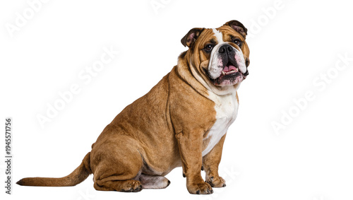 Isolated adorable English Bulldog sitting with an open mouth, looking at the camera curiously
