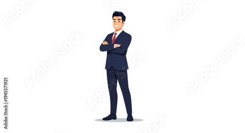 Confident Businessman Standing Arms Crossed, Professional Male Cartoon Character