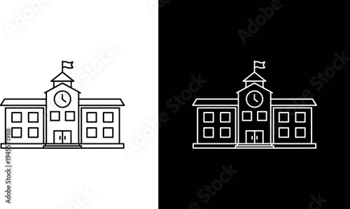 school building line icon set, education institution outline illustration, academy facade with clock tower, minimal vector symbol