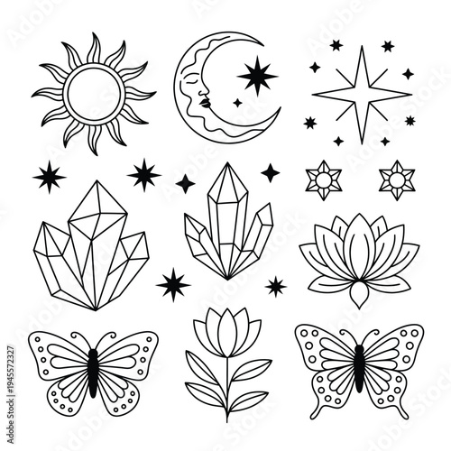 A black and white illustration of celestial and spiritual symbols