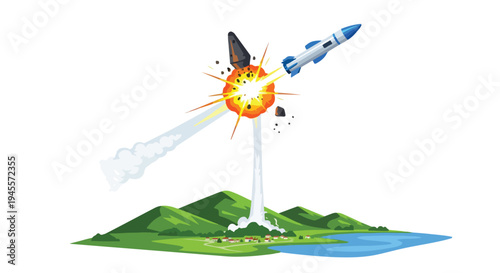 A missile defense concept illustration showing a rocket intercepting a missile in a flat 2D graphic with a green landscape and blue water background, conveying a sense of action and