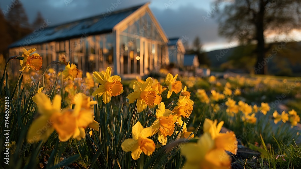 Obraz premium Field of Yellow Daffodils with Glass Green House at Sunset in Background in Rural Landscape