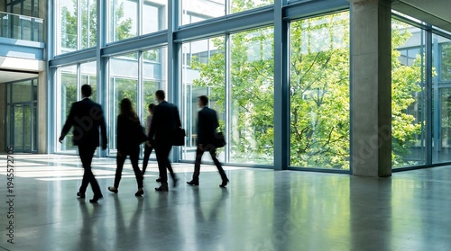 Silhouetted business people walk purposefully across a brightly lit, spacious modern office lobby with large windows looking onto green trees.
