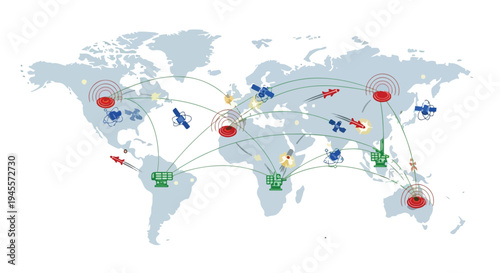 Flat 2D illustration of a global defense network with missiles and planes on a world map, representing a missile defense concept.