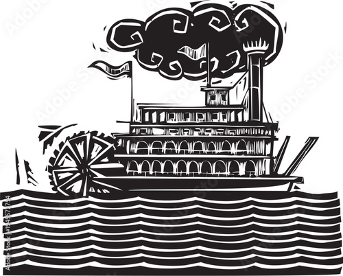 Woodcut style image of a vintage river steam boat