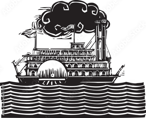 Woodcut style image of a vintage river steam boat
