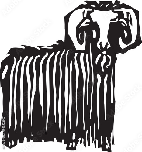 Woodcut style image of a long haired goat