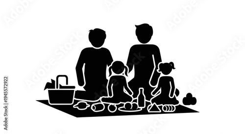 Family Silhouette Enjoying Outdoor Picnic Together.