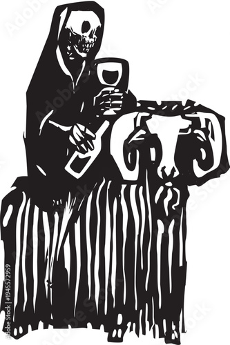 Woodcut style image of death riding a goat