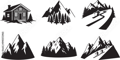 Mountain Landscape Icons with House and Trees Silhouette Set