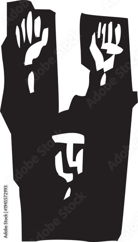 Woodcut image of a person surrendering with hands raised