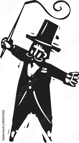 Woodcut style image of a Ringmaster of the circus