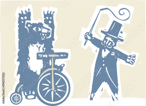 Woodcut style image of a circus bear riding a bicycle