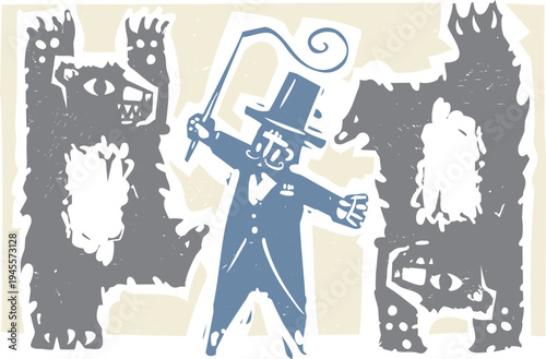 Woodcut style image of a circus bear performing for a circus master