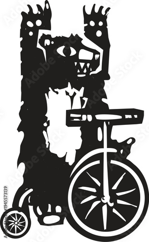Woodcut style image of a circus bear riding a bicycle