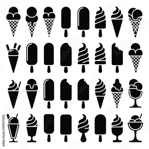 A collection of black silhouettes of various ice cream treats