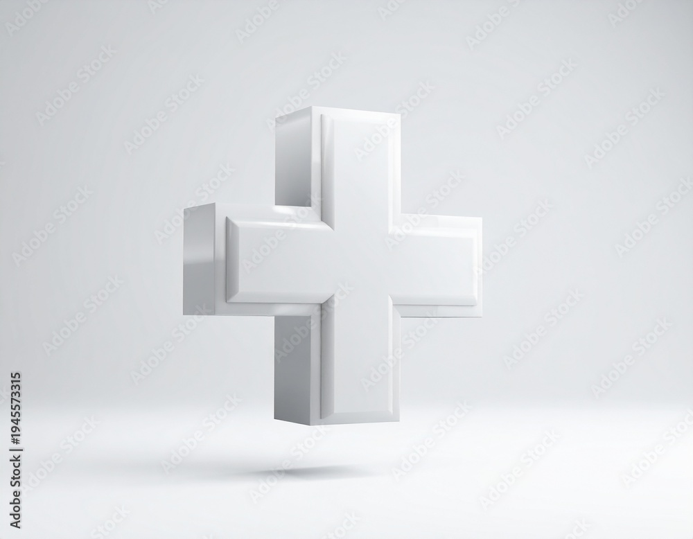 Fototapeta premium A close-up 3D render of a white plus sign symbol with soft shadows and a light grey background, representing addition or medical concepts