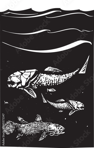 Woodcut style image of a prehistoric Dunkleosteus Fossil Fish