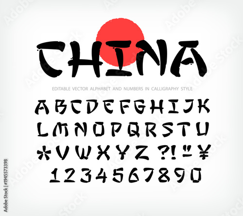 Asian Japanese style vector type font and numbers - editable vector template. Typography japan style font in hierogliph calligraphy style. English Japanese handwritten letters